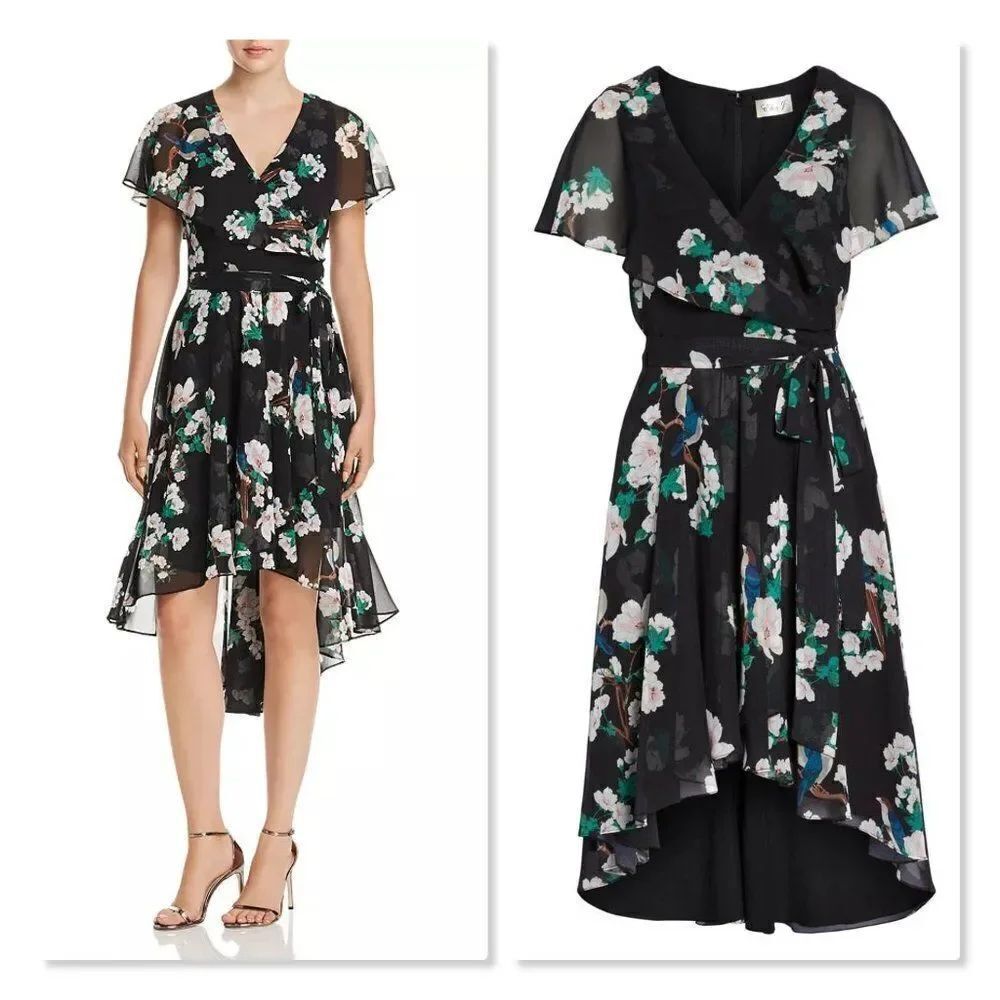 🌹 ELIZA J 🌹 Flutter Sleeve High/Low Faux Wrap Dress - [size 4 in Black]